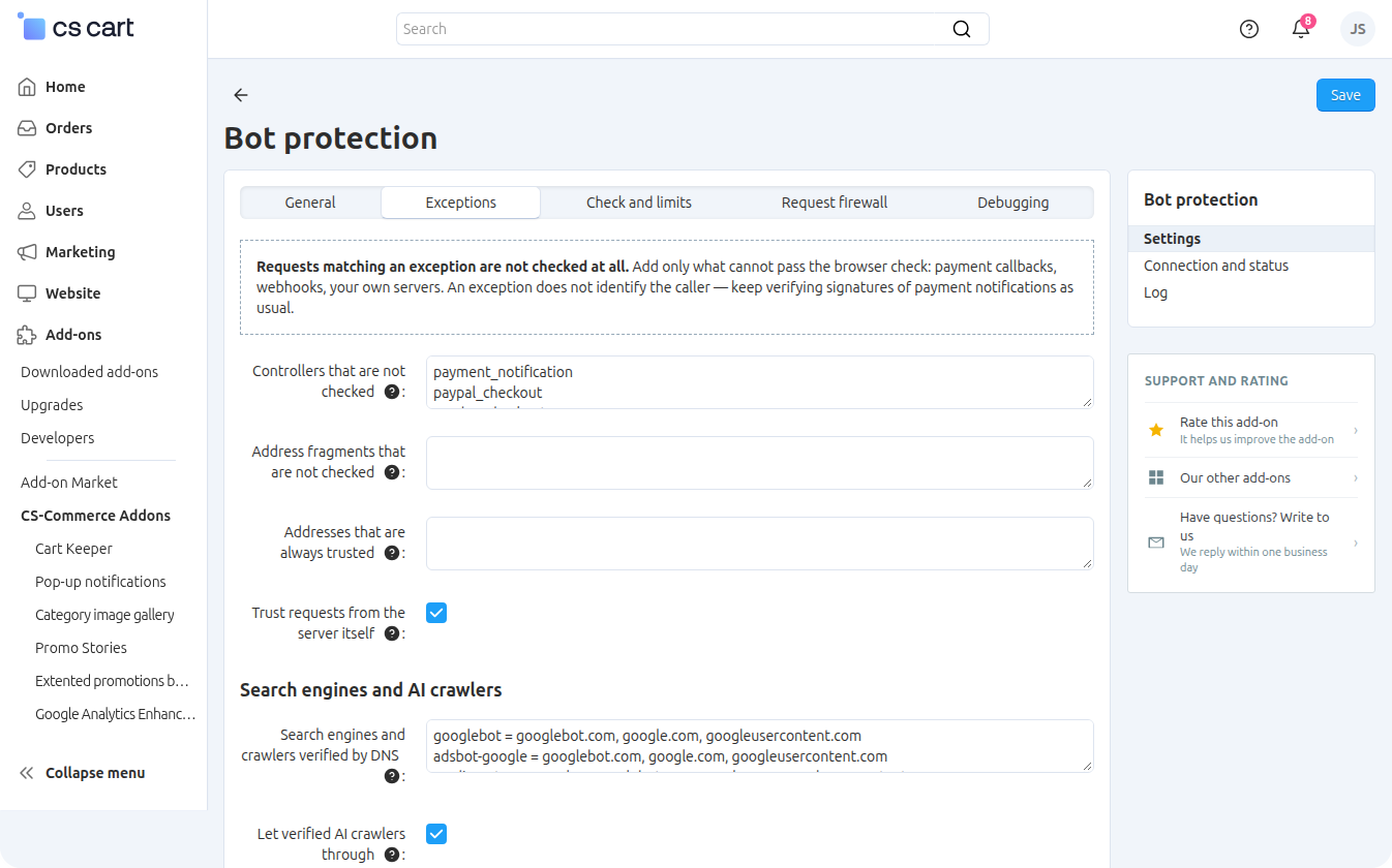 The Exceptions tab