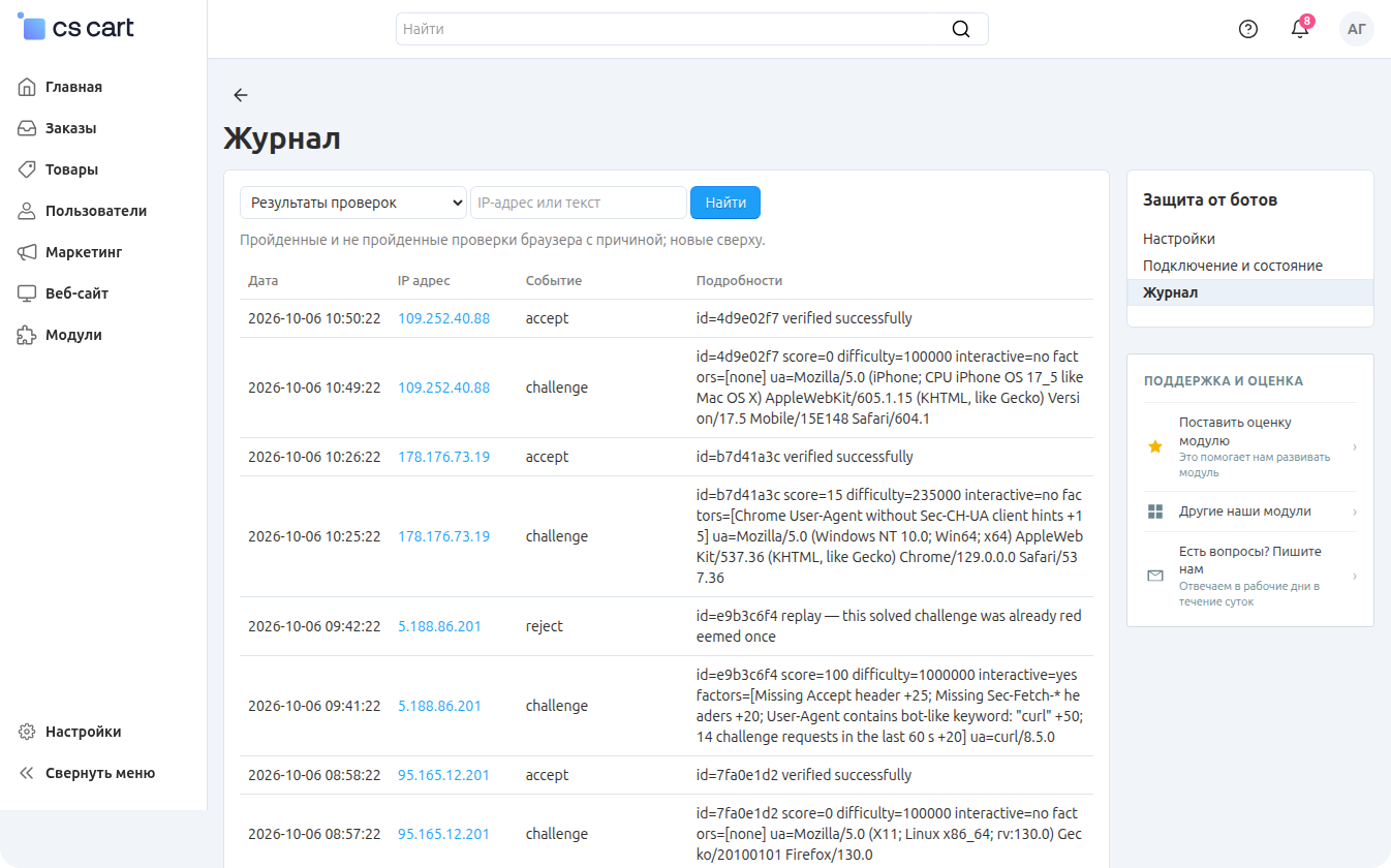 Журнал: результаты проверок