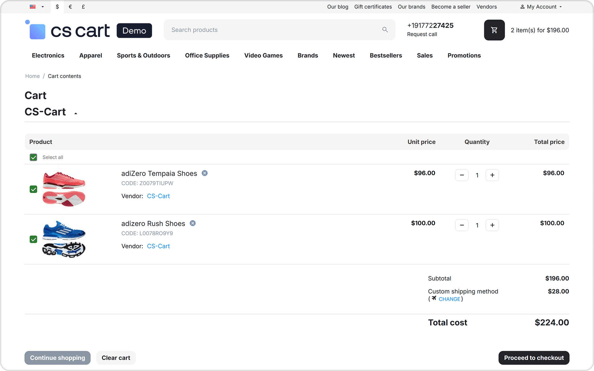 The cart with the add-on: a checkbox on every row and the Select all row