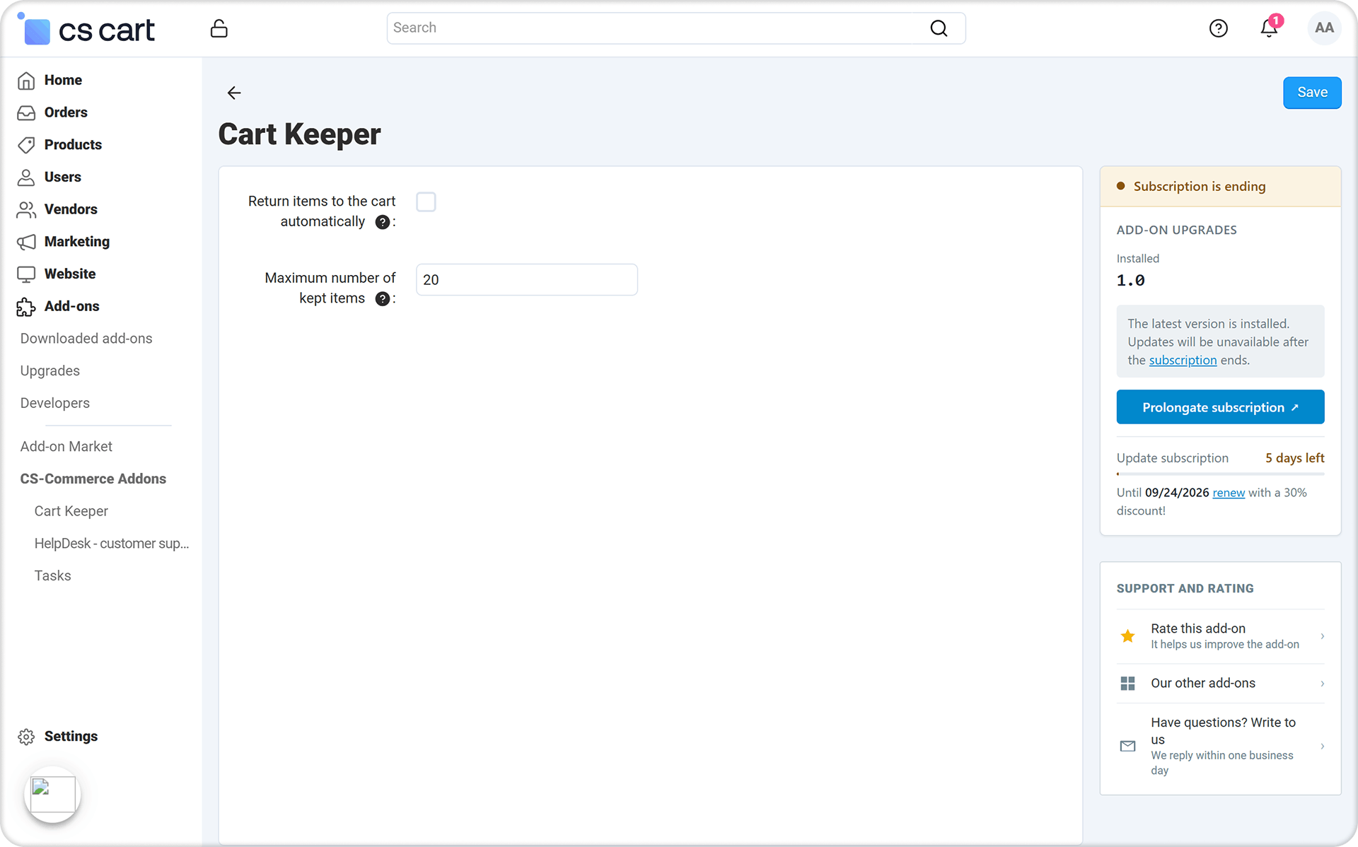 The add-on settings page in the administration panel
