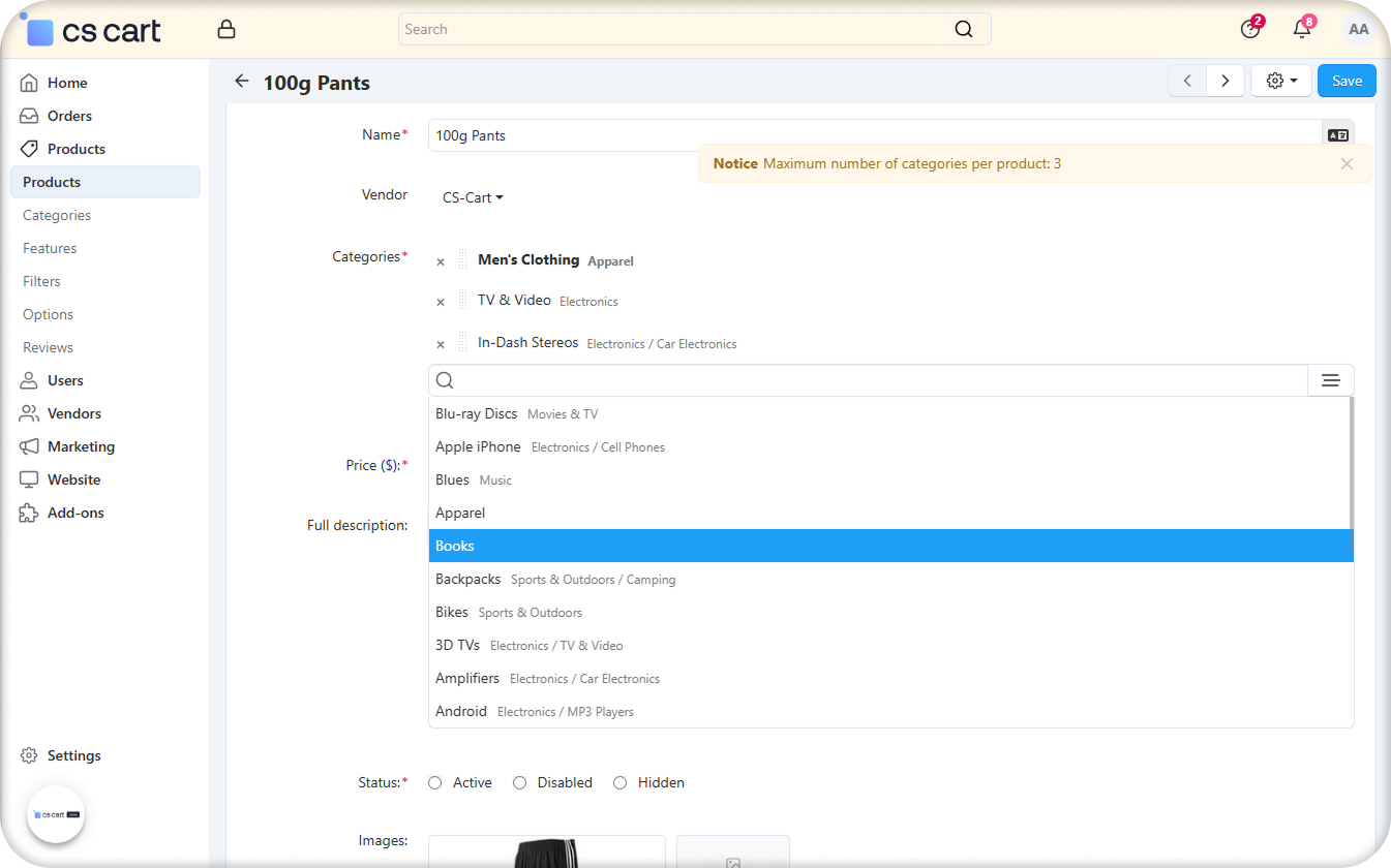 The category limit notification on the product details page