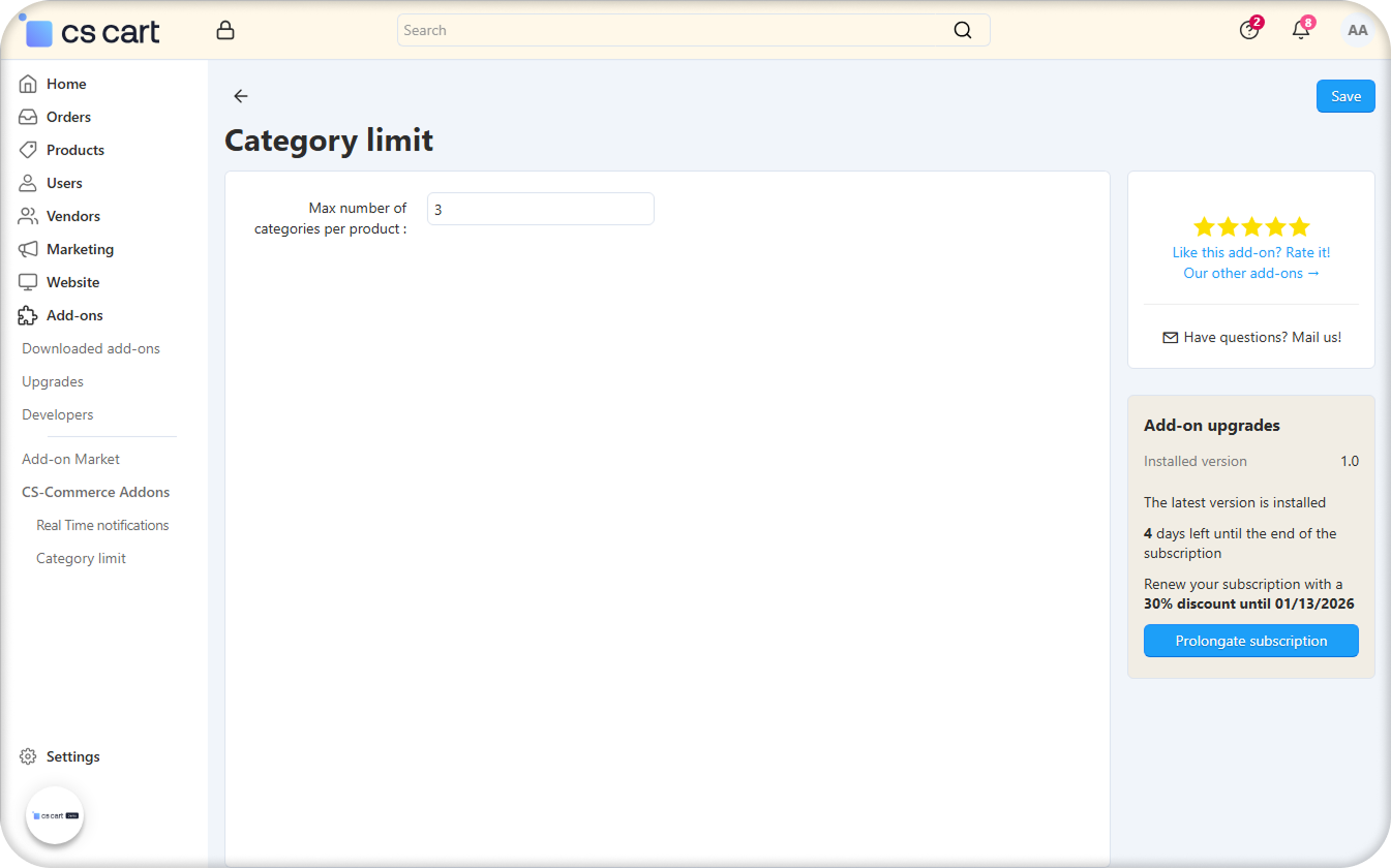 The add-on settings page