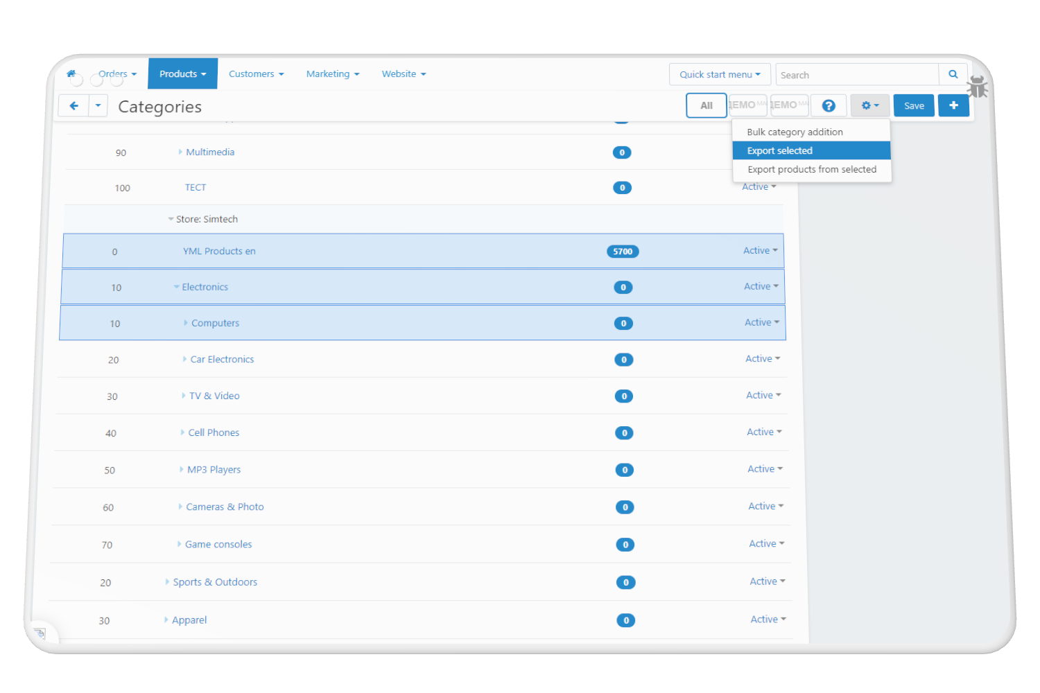 Export of selected categories