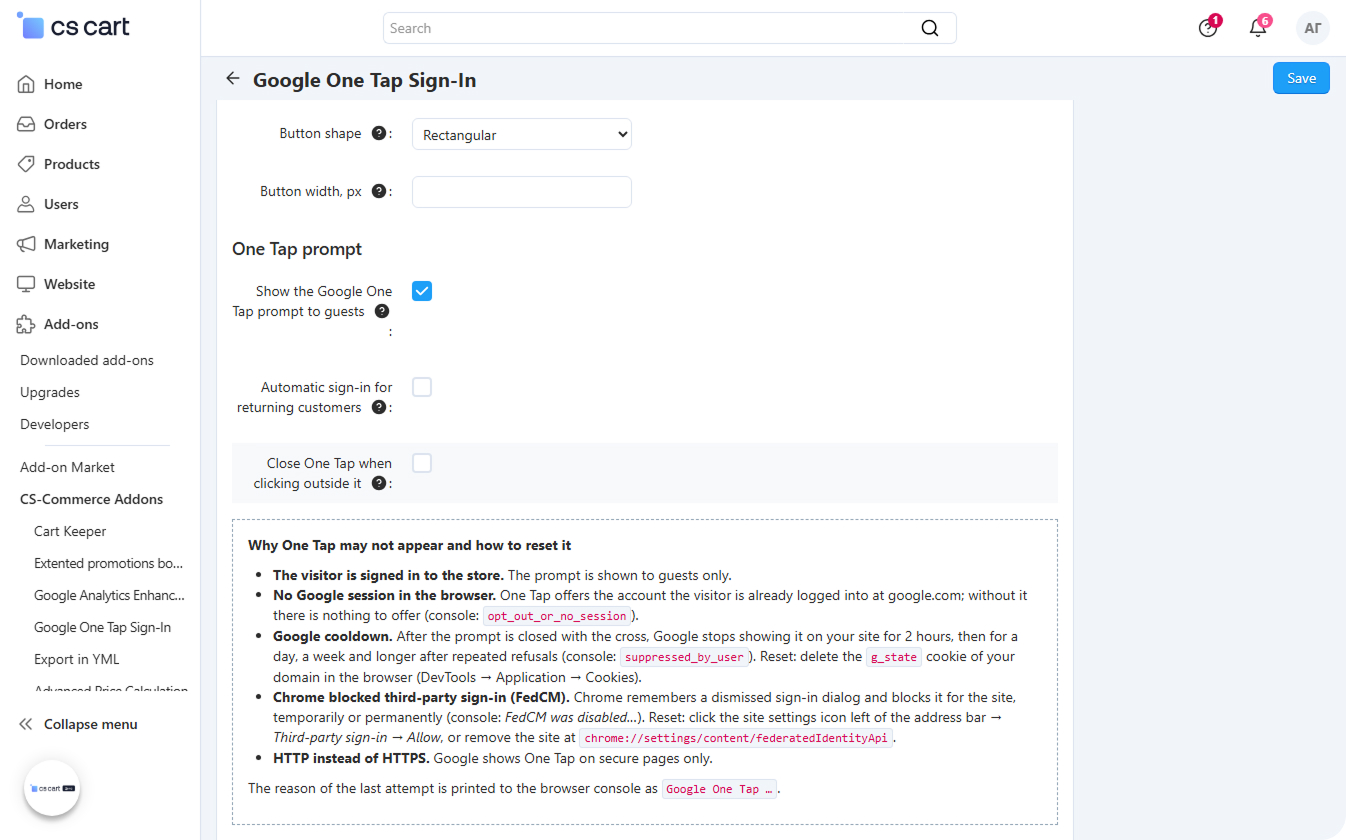 The One Tap prompt settings group with the note on the reasons