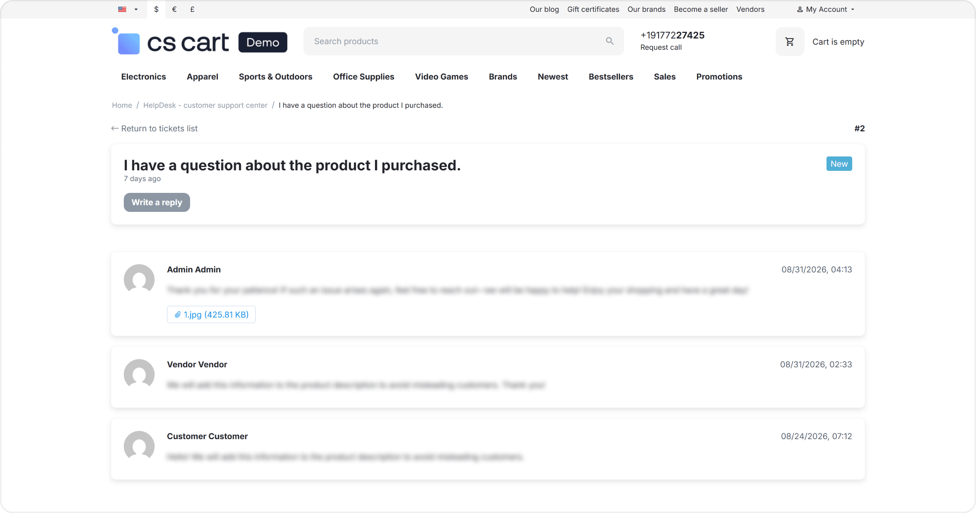 A ticket conversation in the customer account