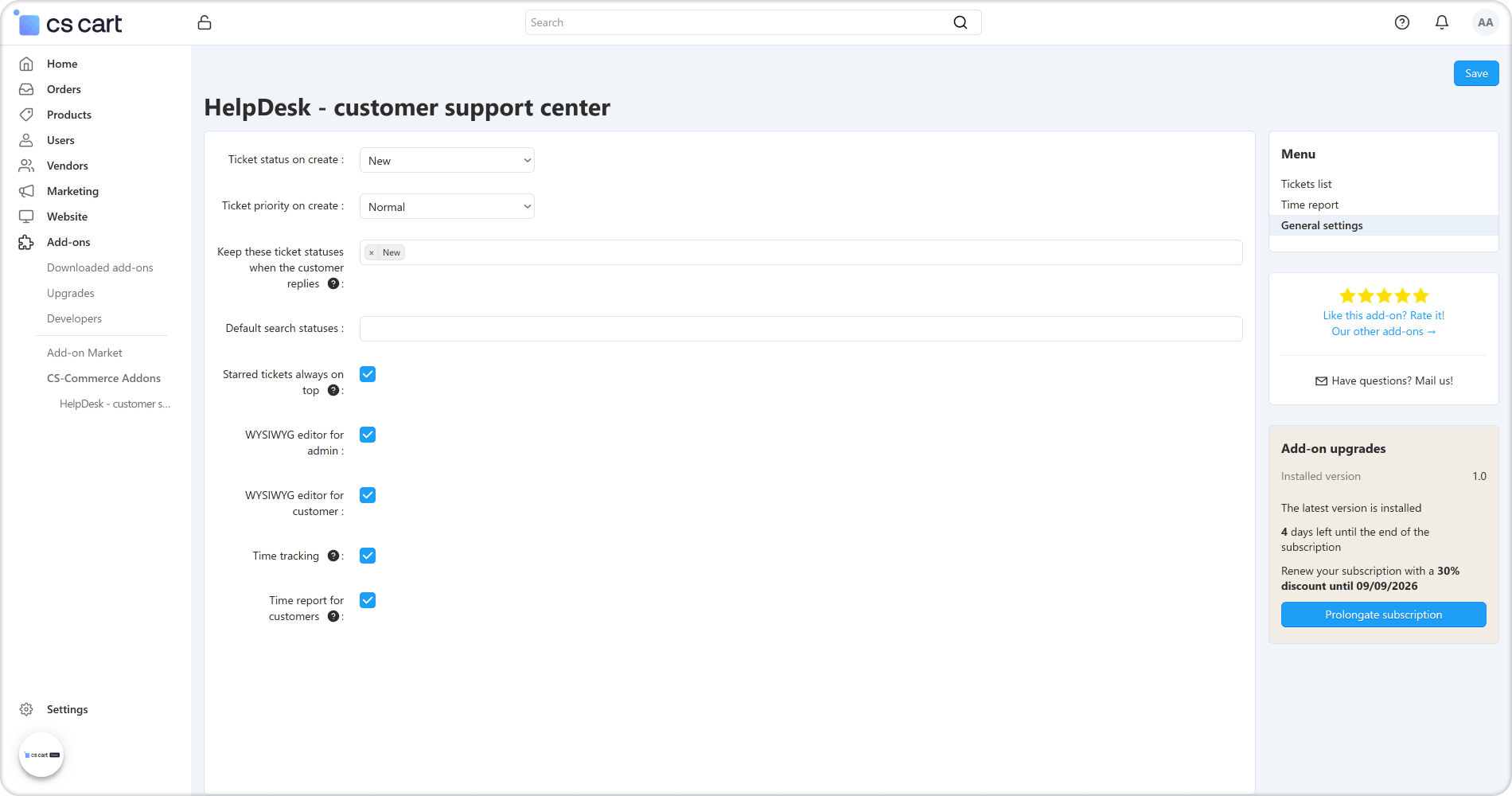 The add-on settings page
