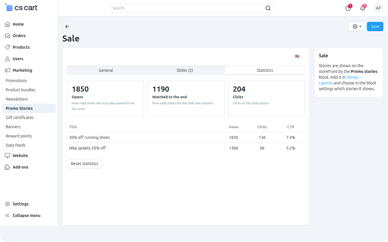 The Statistics tab on the story page