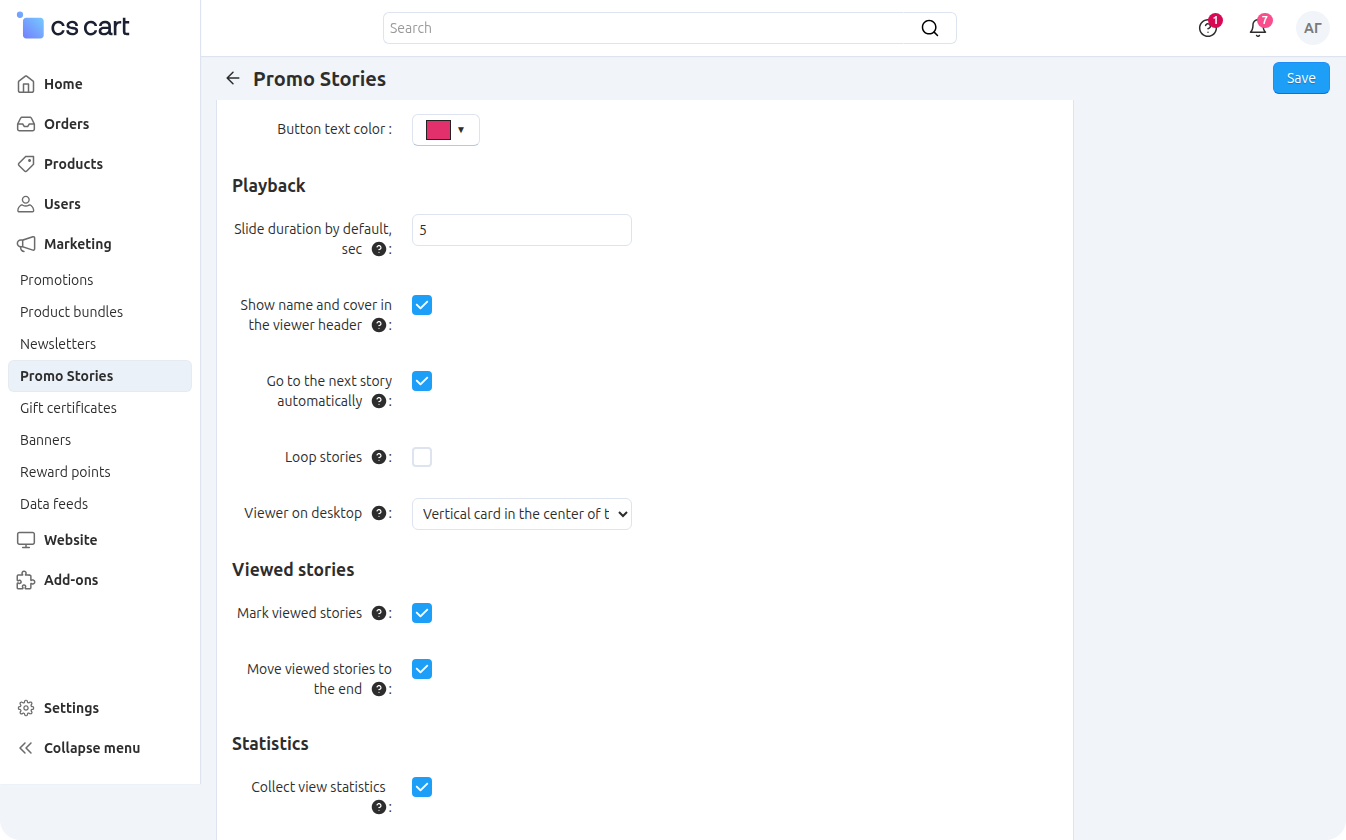 Add-on settings: the Playback, Viewed stories and Statistics groups