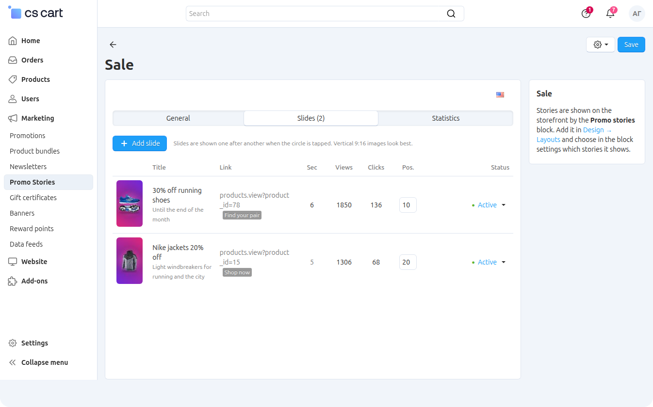 The Slides tab on the story page