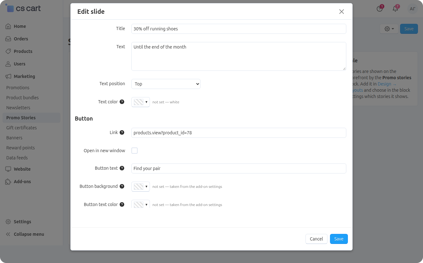 The slide edit dialog