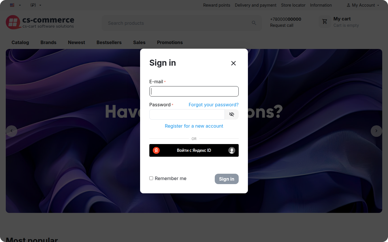The Yandex ID button in the sign-in pop-up