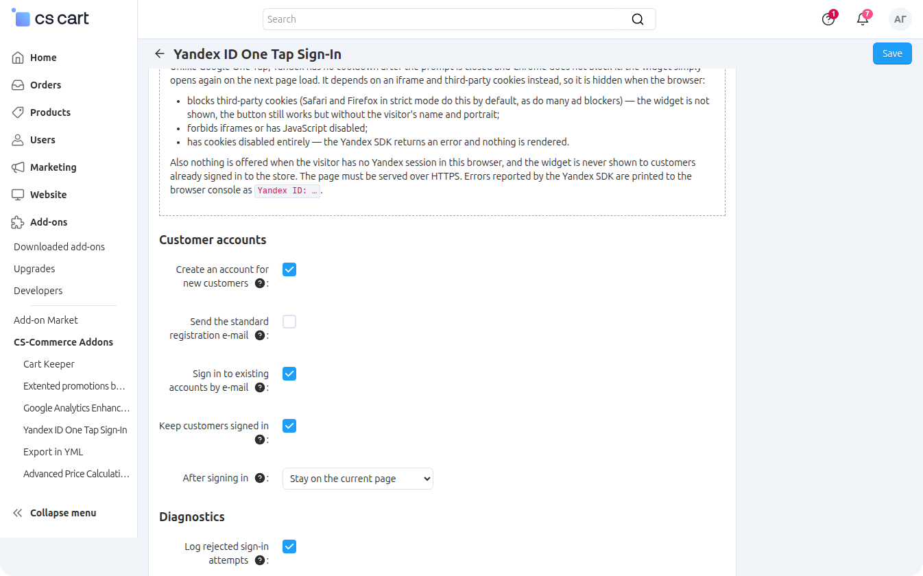 The Customer accounts and Diagnostics settings groups