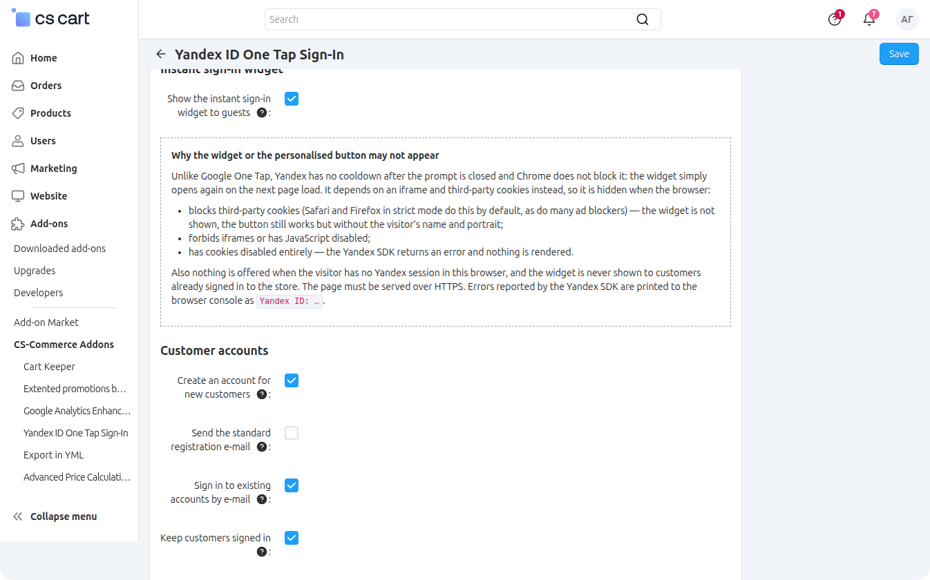 The Instant sign-in widget settings group with the note on the reasons